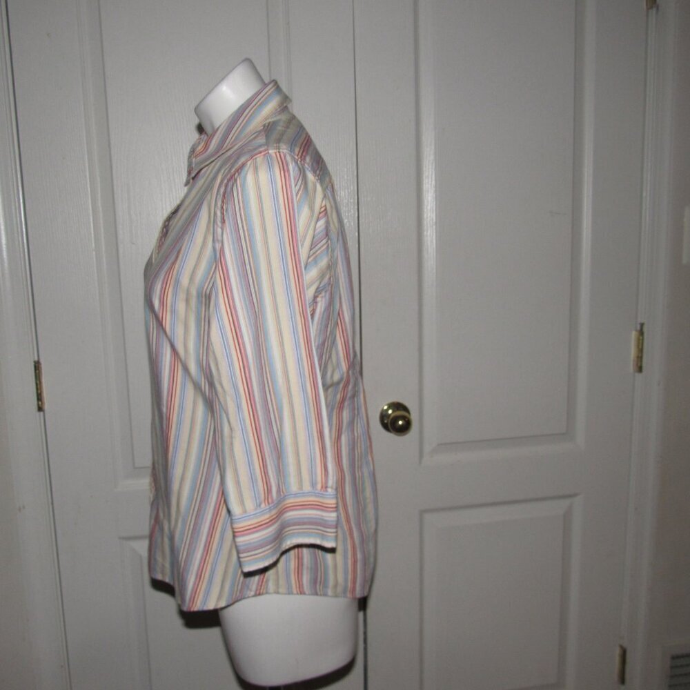 Bogari Multicolor Striped Button-Down Shirt L | Silk Cotton Blend | Preppy Chic - Picture 2 of 6